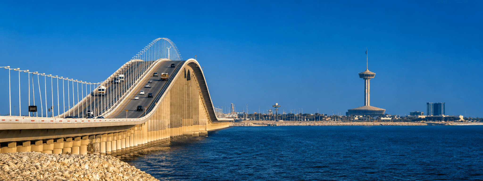 Cars crossing the King Fahd Causeway in Saudi Arabia, representing a smooth eCommerce platform migration.